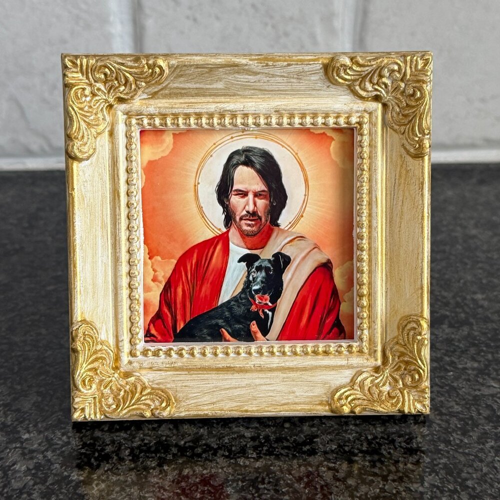 St. Keanu Saint Keanu Reeves Dog Print Hand Painted Gold Antique Style Frame